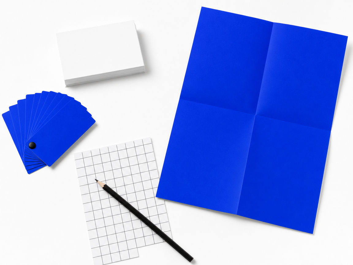 Printed brand collateral in blue and off-white